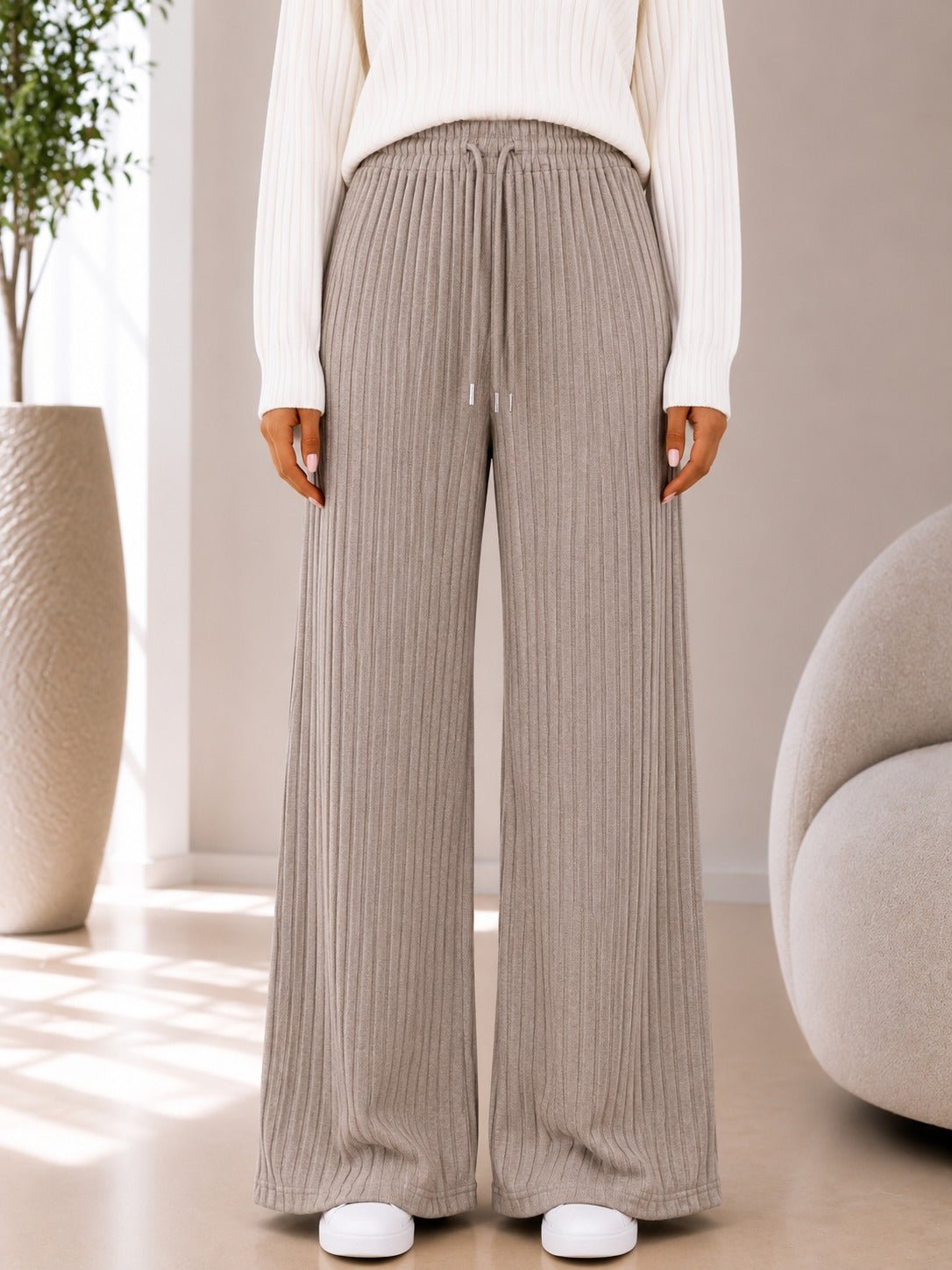 Ladies Light Brown Ribbed Knit Wide Leg Pants - StylePhase SA