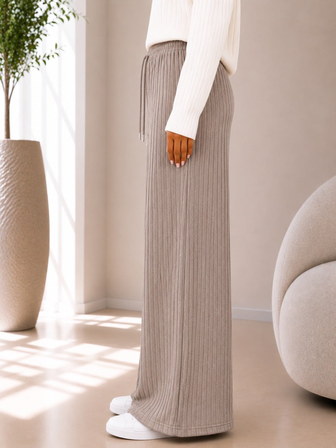 Ladies Light Brown Ribbed Knit Wide Leg Pants - StylePhase SA