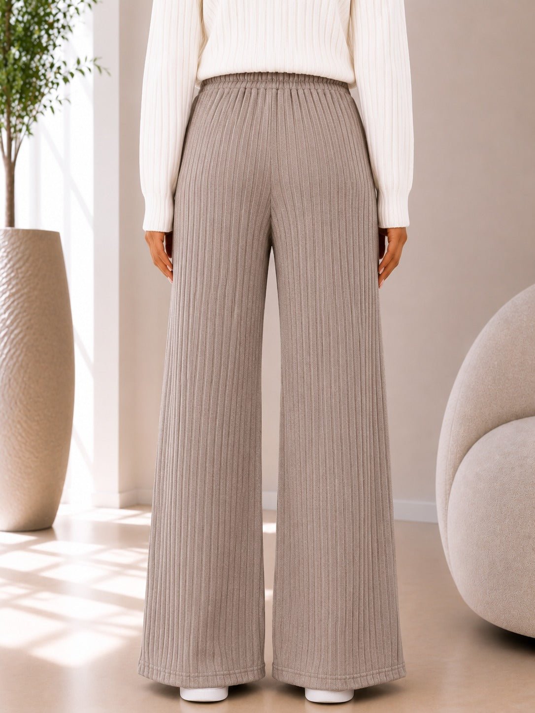 Ladies Light Brown Ribbed Knit Wide Leg Pants - StylePhase SA