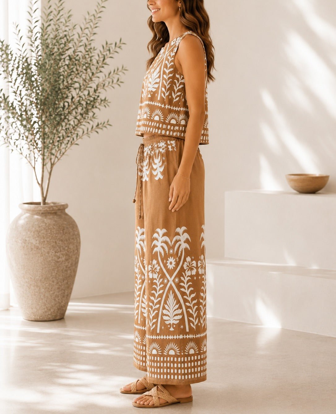 Ladies Light Brown Tropical Print Wide Leg Two Piece - StylePhase SA
