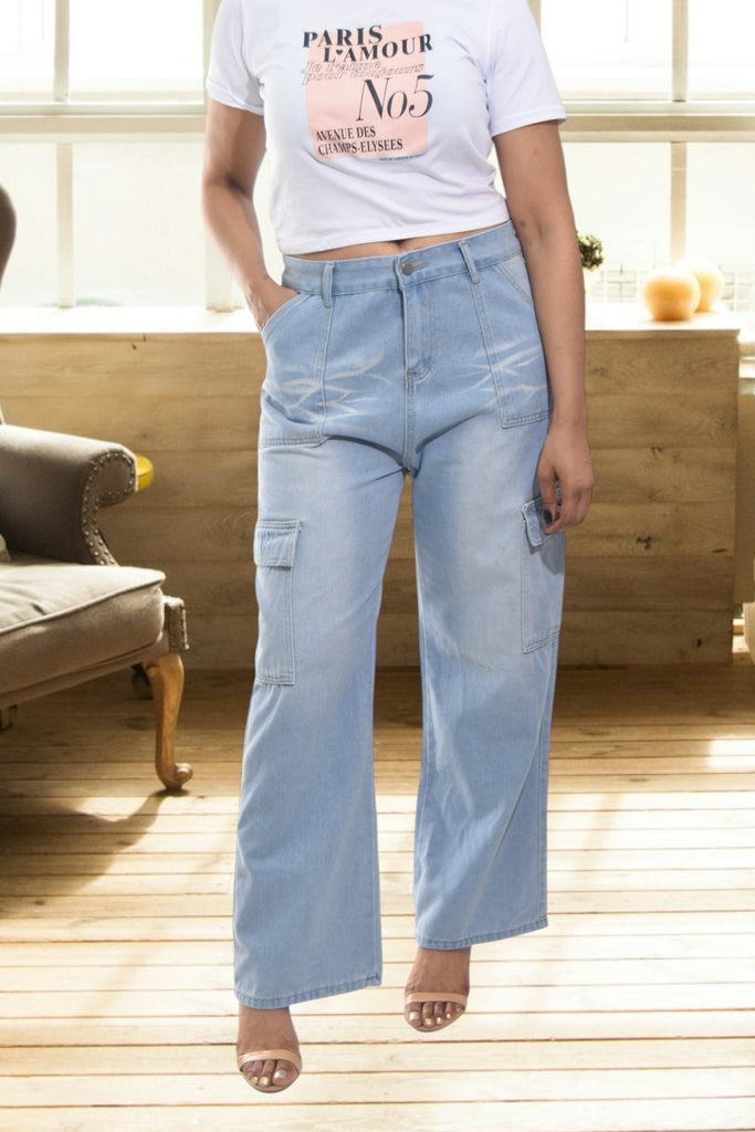 Ladies Light Denim High Waist Cargo Jeans - StylePhase SA