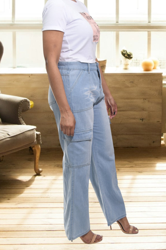 Ladies Light Denim High Waist Cargo Jeans - StylePhase SA