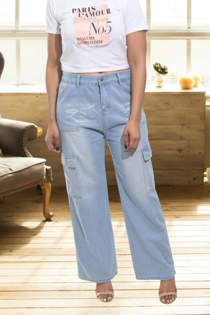 Ladies Light Denim High Waist Cargo Jeans - StylePhase SA