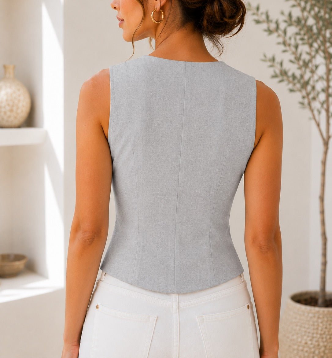 Ladies Light Grey Button V-neck Waistcoat - StylePhase SA