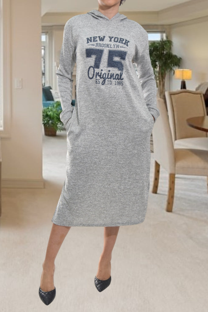 Ladies Light Grey Hoody Fleece Dress - New York 75 - StylePhase SA