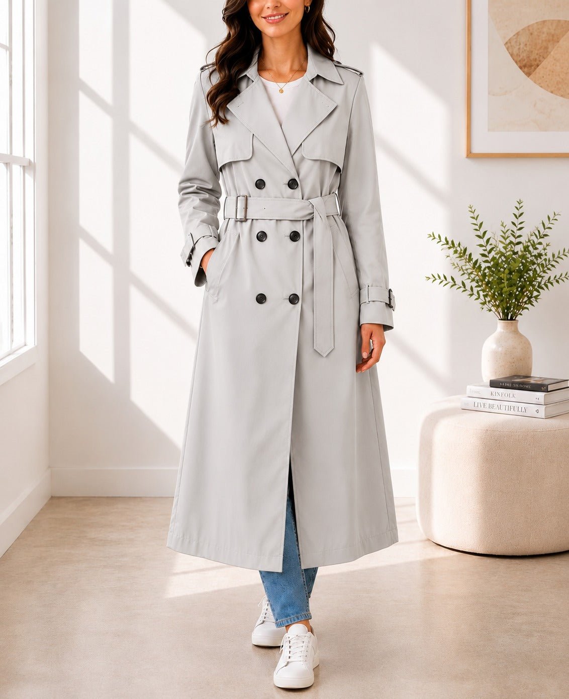 Ladies Light Grey Lined Trench Coat - StylePhase SA