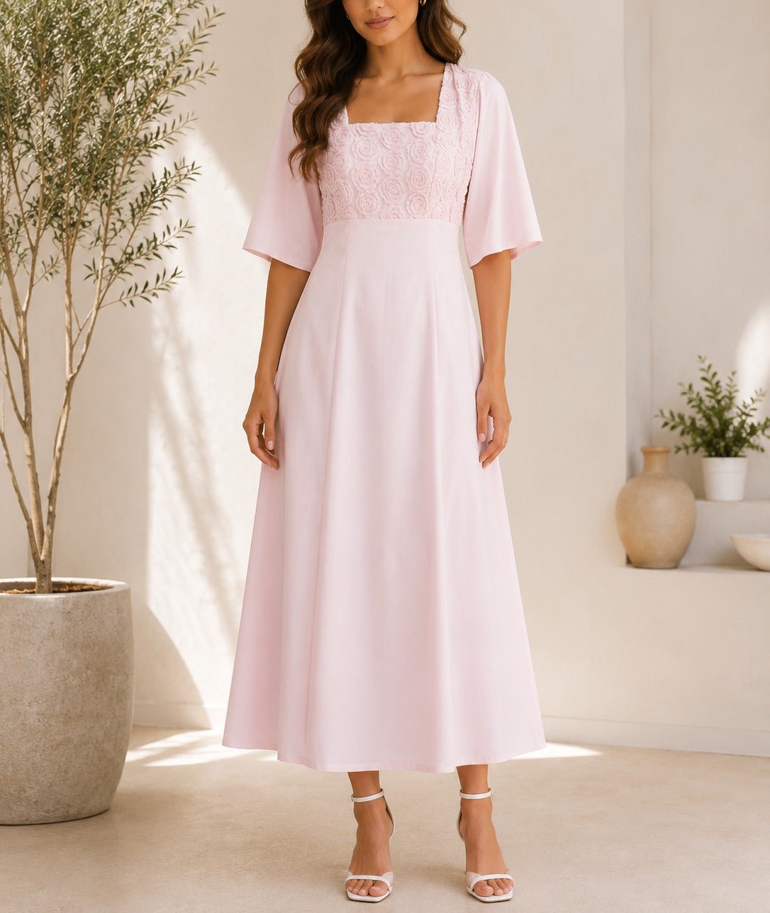 Ladies Light Pink Textured Floral Detail Dress - StylePhase SA