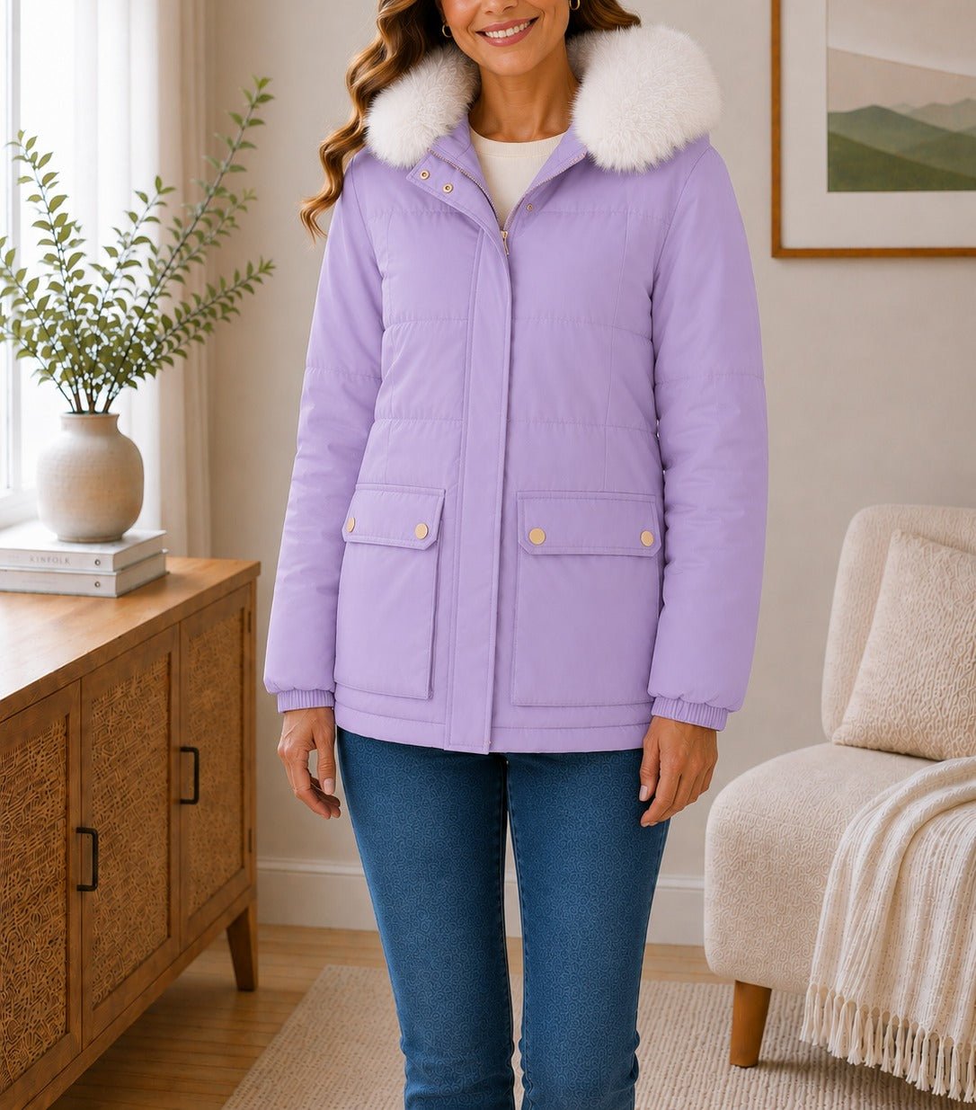 Ladies Lilac Detachable Fur Hoody Jacket - StylePhase SA