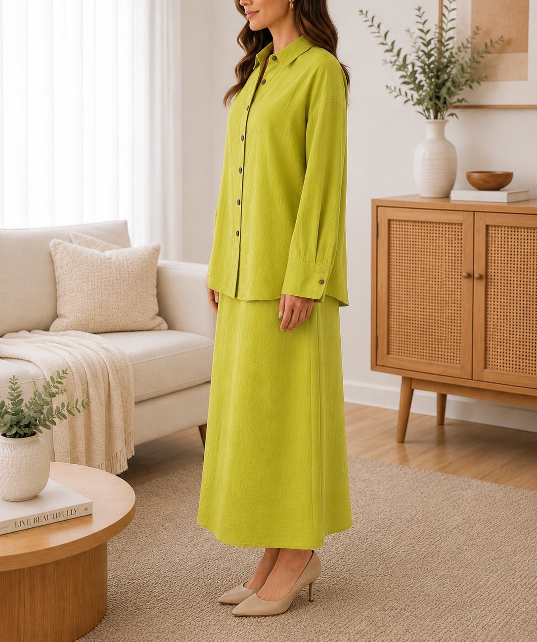 Ladies Lime Button Front Two Piece Set - StylePhase SA