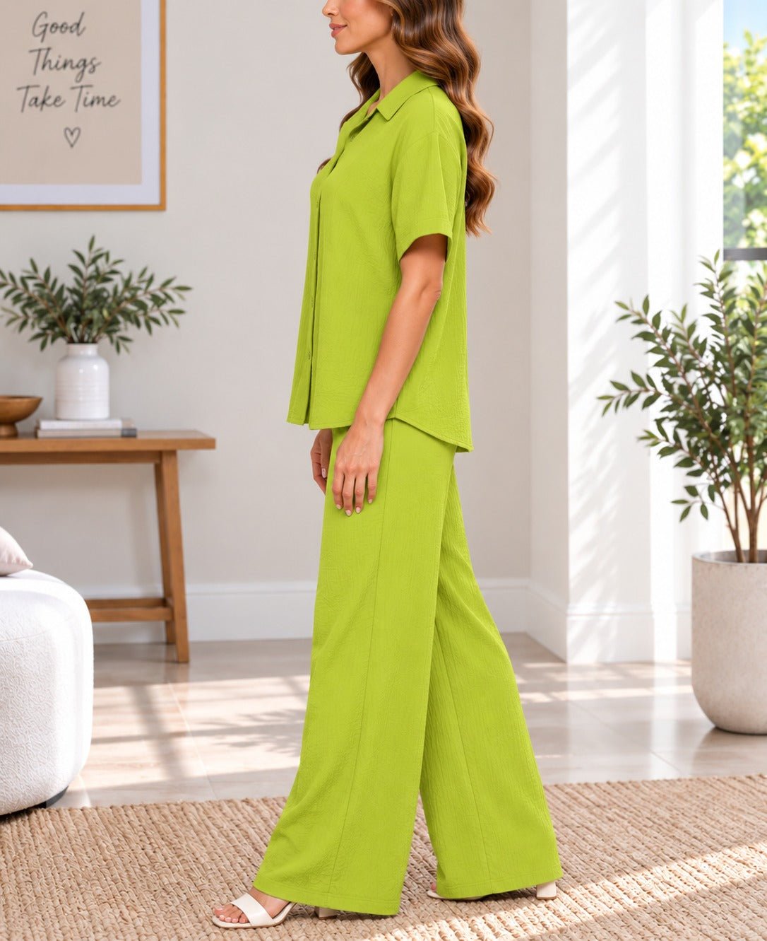 Ladies Lime Button Shirt Two-Piece Set - StylePhase SA
