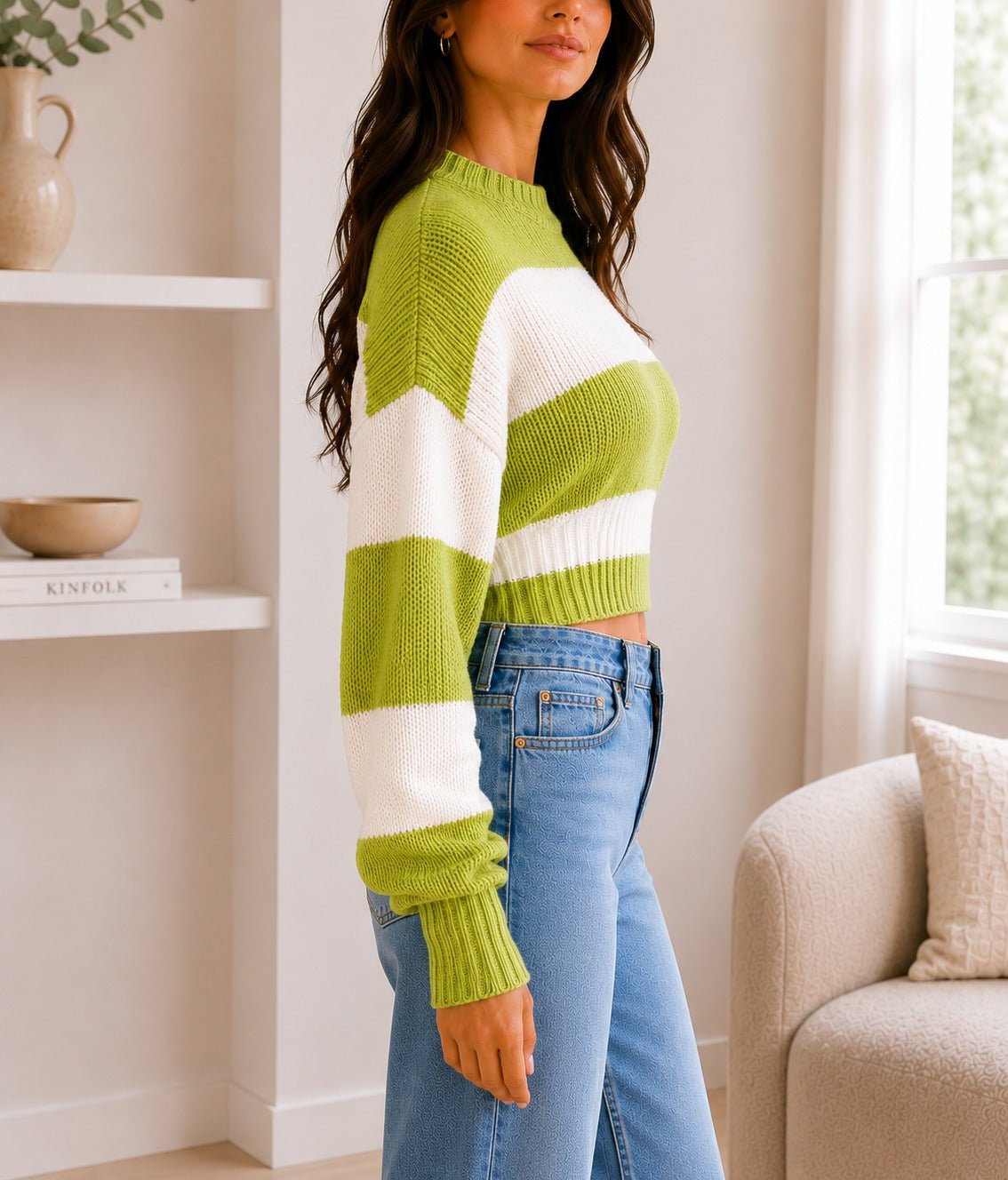 Ladies Lime Crop Stripe Sweater - StylePhase SA