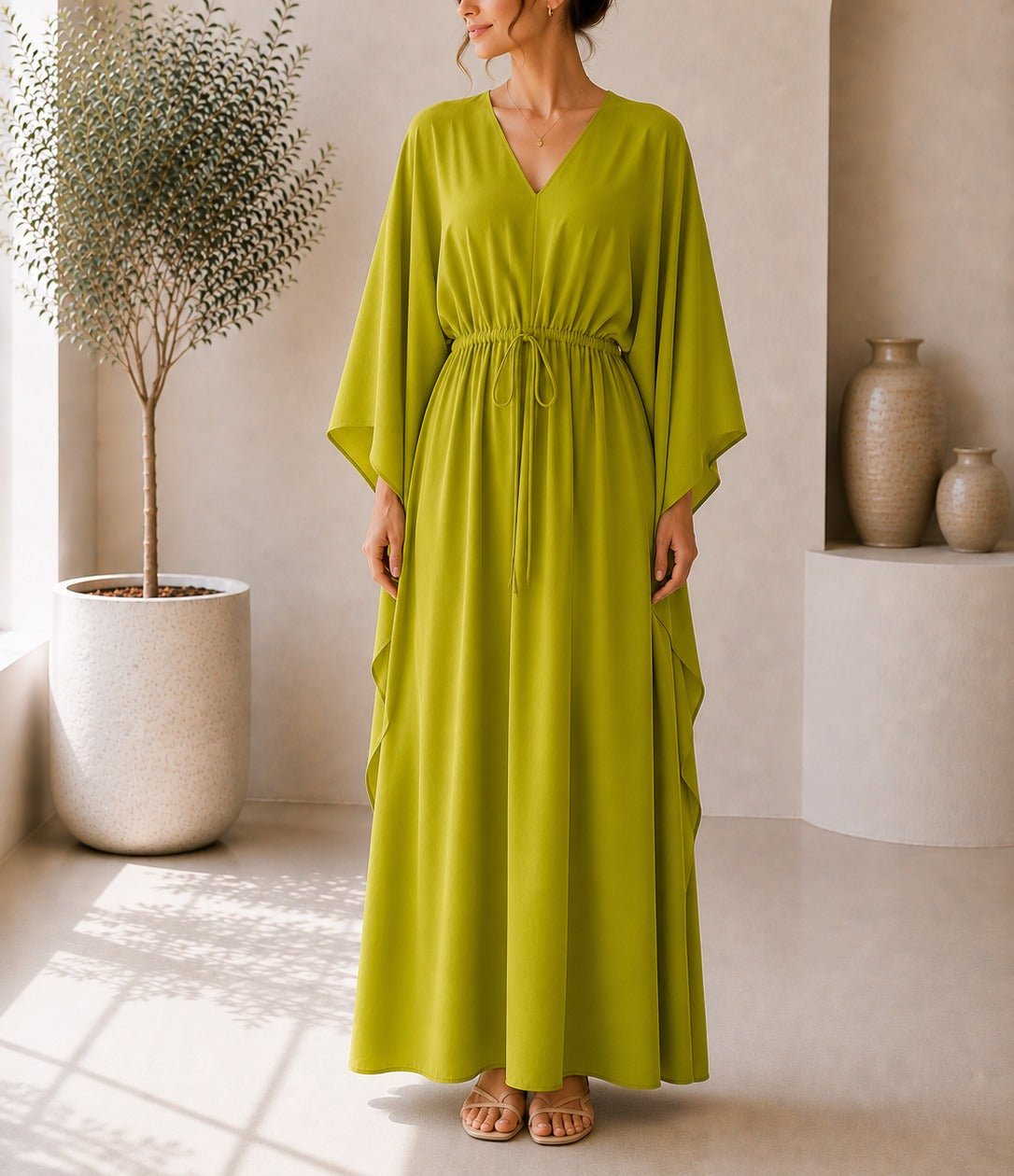 Ladies Lime Drawstring V-neck Kaftan - StylePhase SA