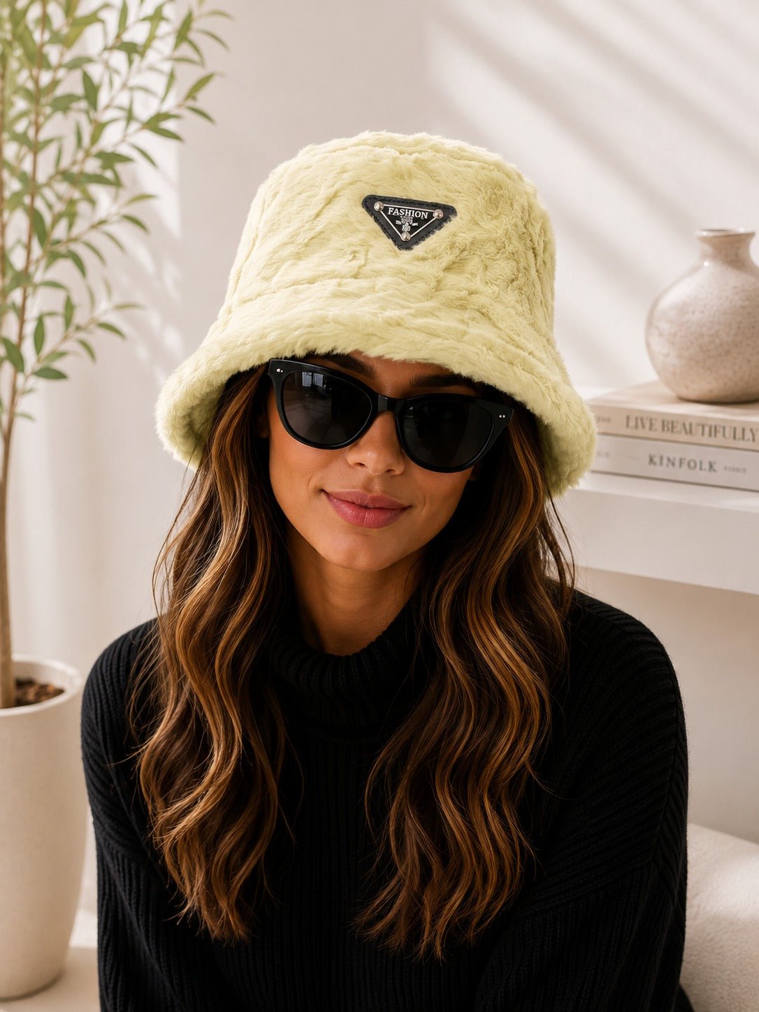 Ladies Lime Faux Fur Bucket Hat - StylePhase SA