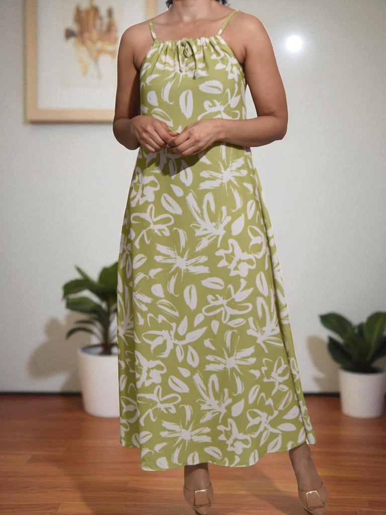 Ladies Lime Floral Maxi Tie Dress - StylePhase SA