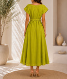 Ladies Lime Green Pleated Buckled Waist Belt Dress - StylePhase SA