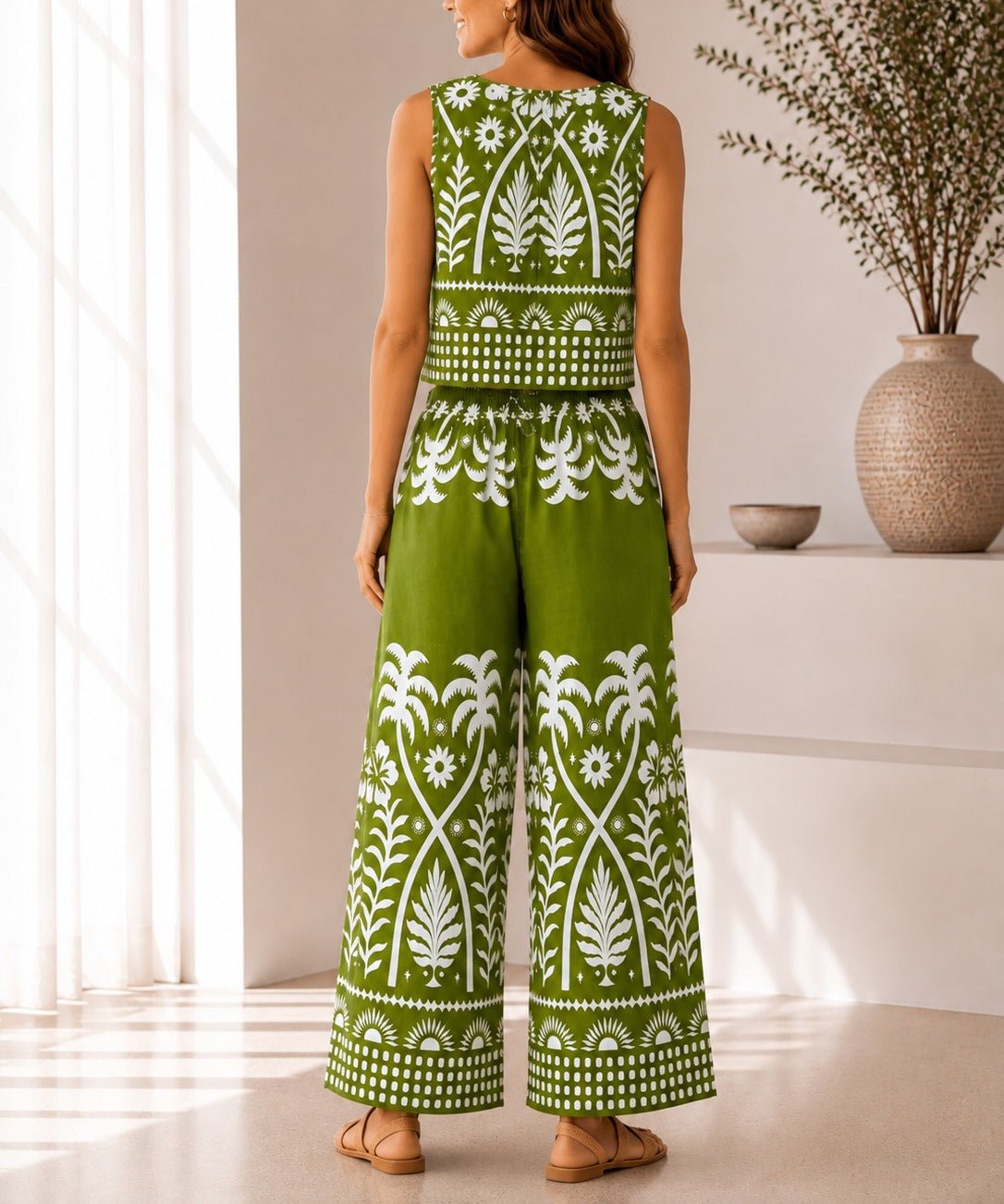 Ladies Lime Green Tropical Print Wide Leg Two Piece - StylePhase SA