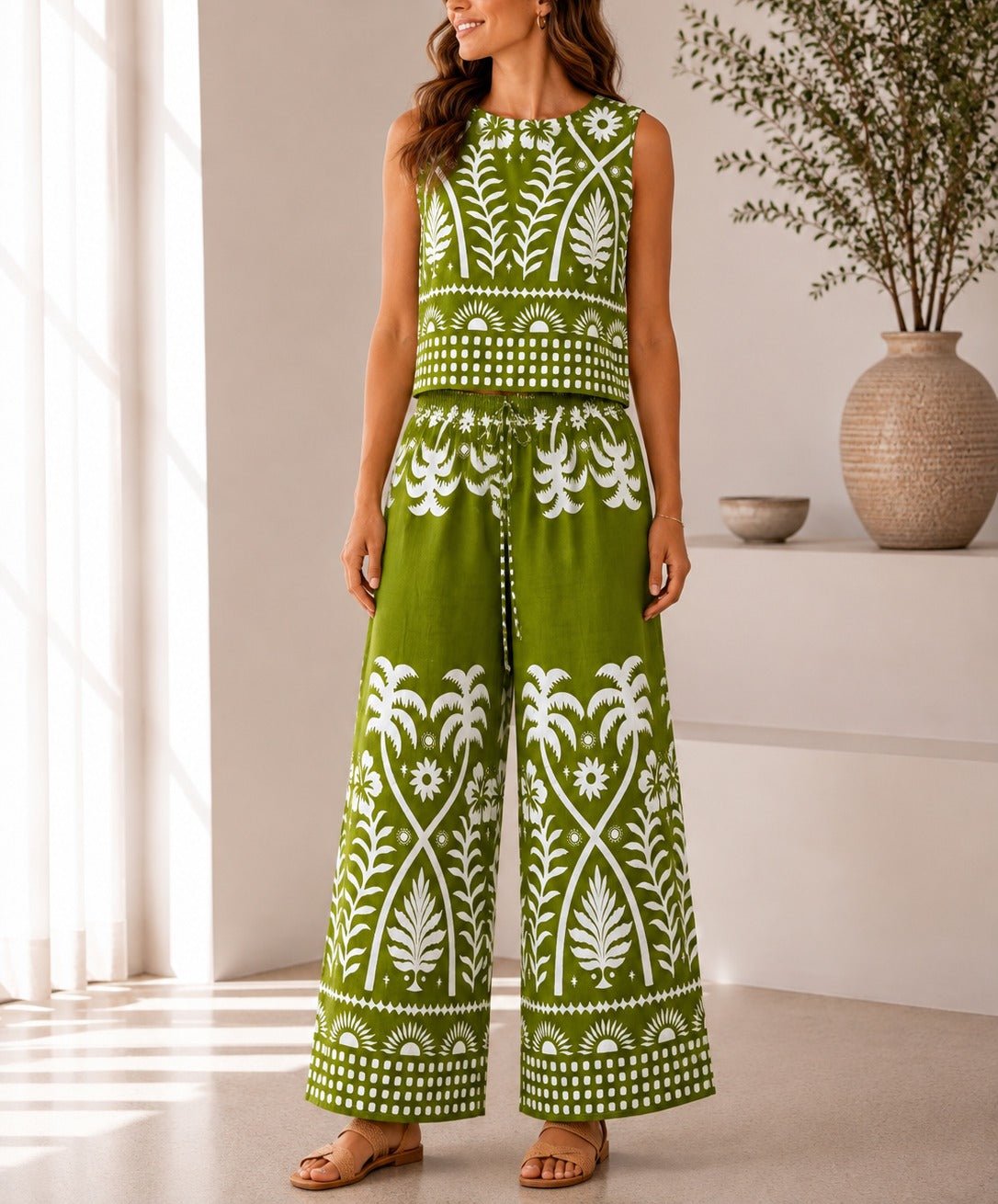 Ladies Lime Green Tropical Print Wide Leg Two Piece - StylePhase SA
