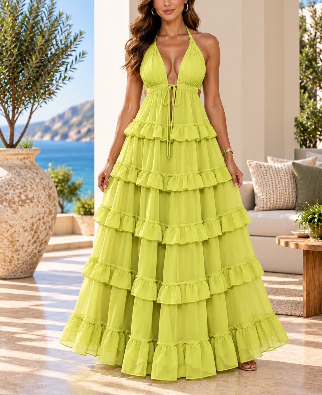 Ladies Lime Layered Maxi Strappy Dress - StylePhase SA