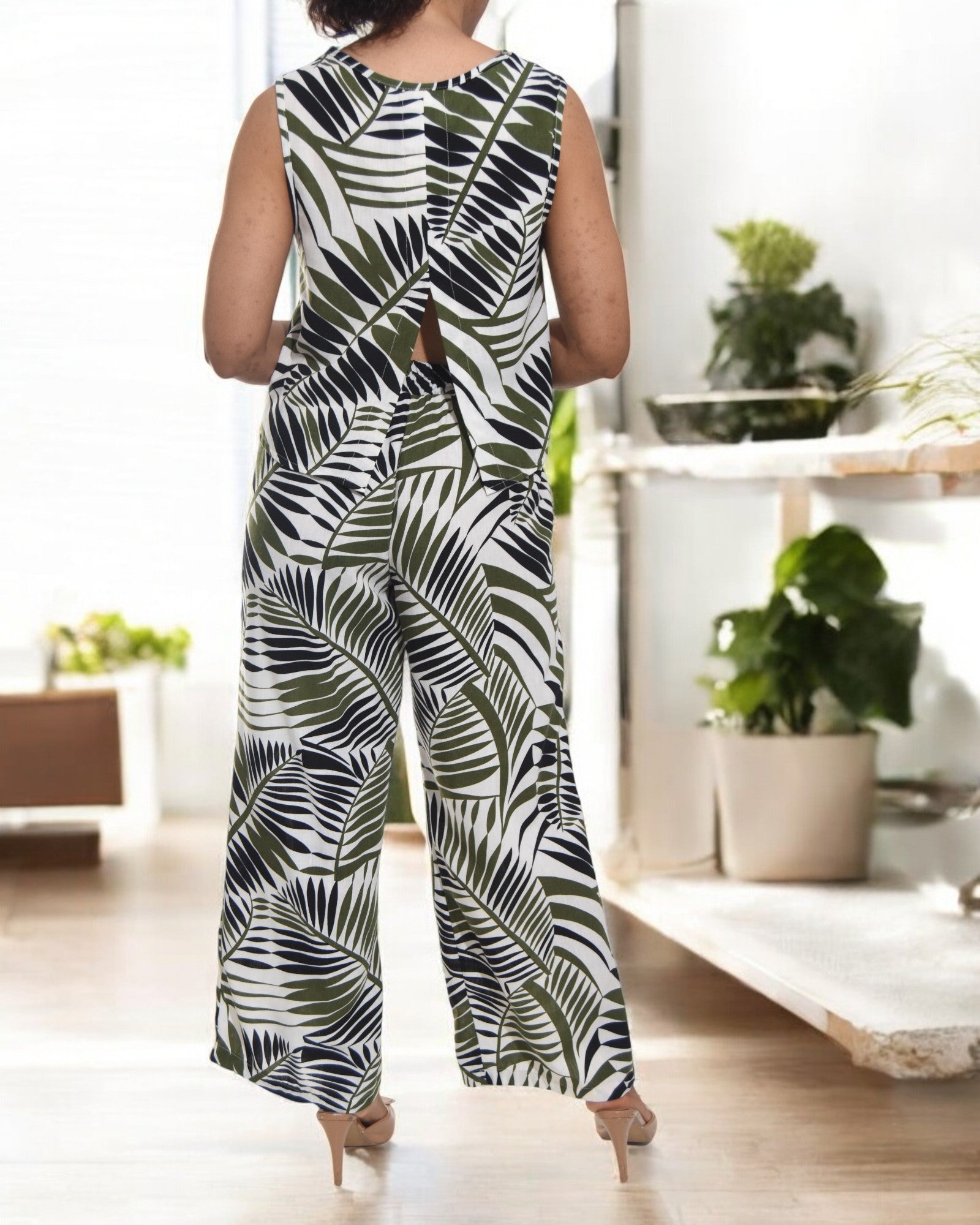 Ladies Linen Slit Back Two - Piece Set - Fern Print - StylePhase SA