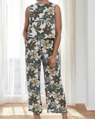 Ladies Linen Slit Back Two - Piece Set - Green Flowers - StylePhase SA