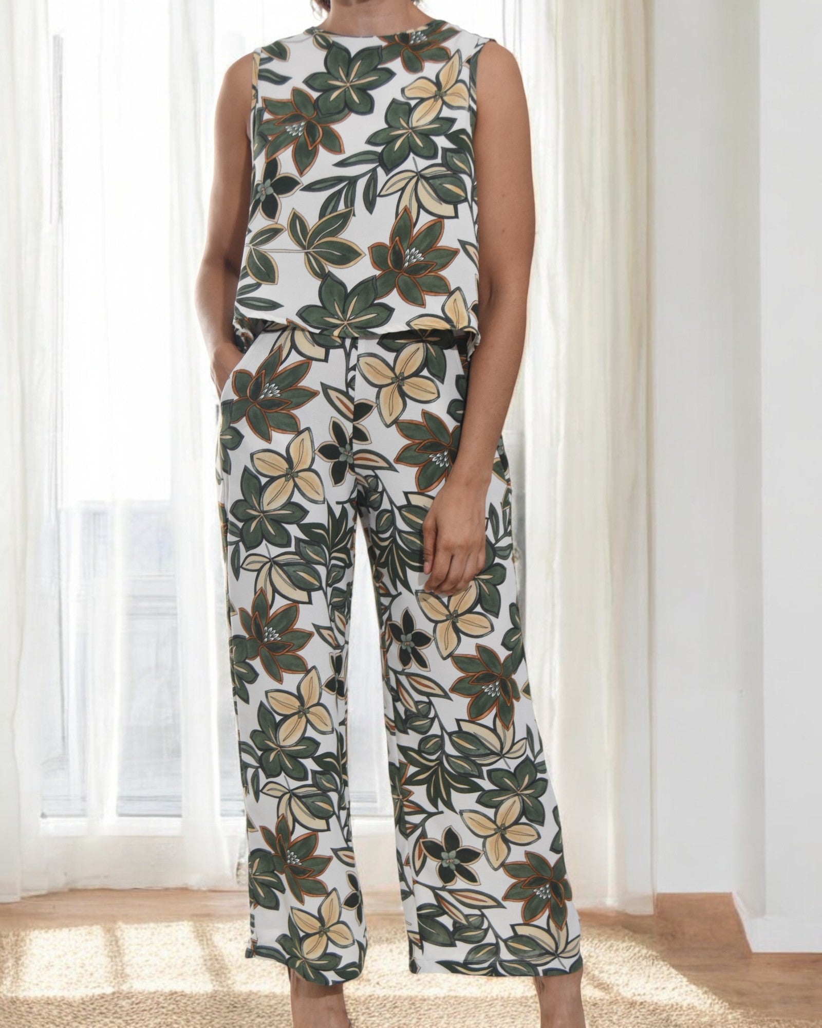 Ladies Linen Slit Back Two - Piece Set - Green Flowers - StylePhase SA