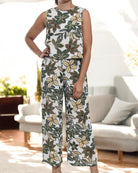 Ladies Linen Slit Back Two - Piece Set - Green Flowers - StylePhase SA
