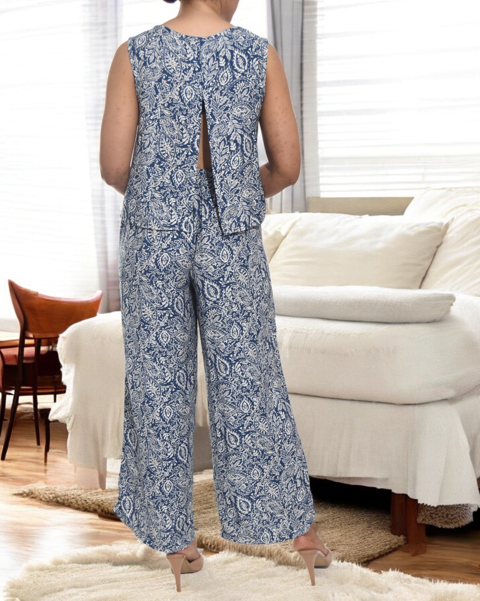 Ladies Linen Slit Back Two - Piece Set - Navy Paisley - StylePhase SA