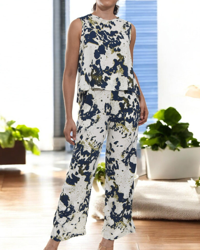 Ladies Linen Slit Back Two - Piece Set - Navy Pattern - StylePhase SA