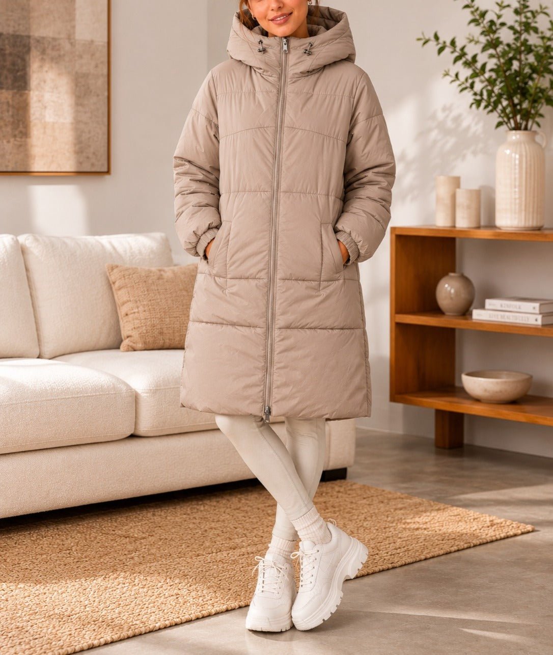 Ladies Long Beige Drawstring Hoody Lined Jacket - StylePhase SA