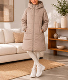 Ladies Long Beige Drawstring Hoody Lined Jacket - StylePhase SA