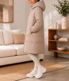 Ladies Long Beige Drawstring Hoody Lined Jacket - StylePhase SA