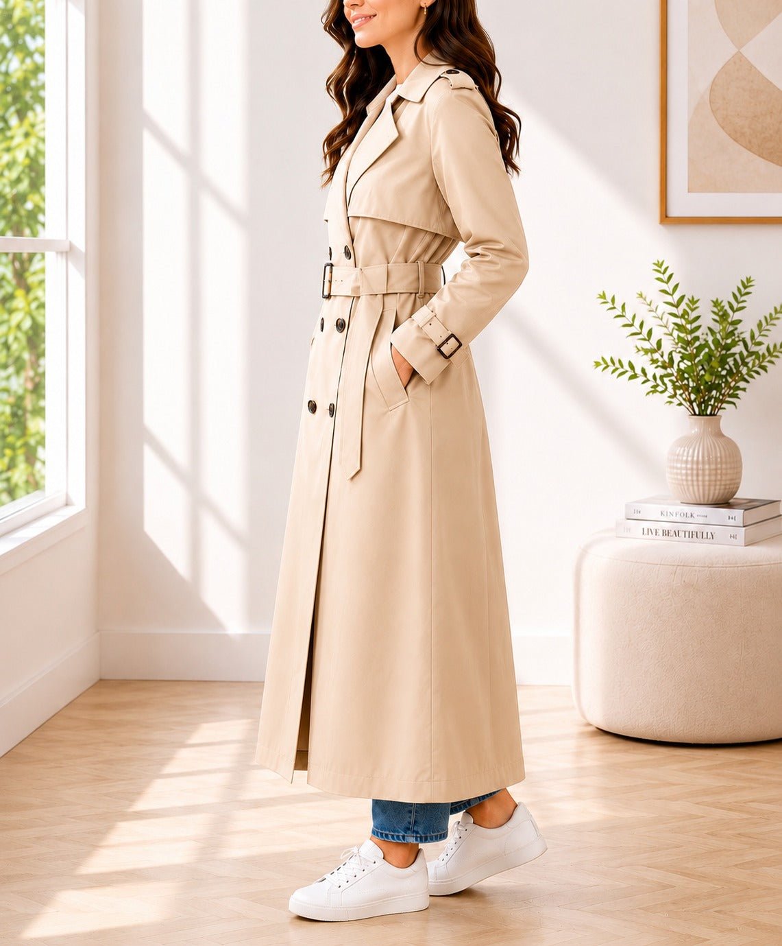 Ladies Long Beige Trench Buckle Coat - StylePhase SA