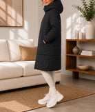 Ladies Long Black Drawstring Hoody Lined Jacket - StylePhase SA
