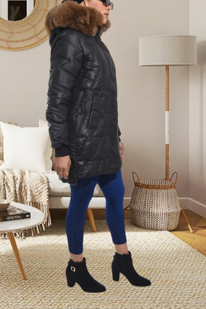 Ladies Long Black Fur Hoody Jacket - StylePhase SA