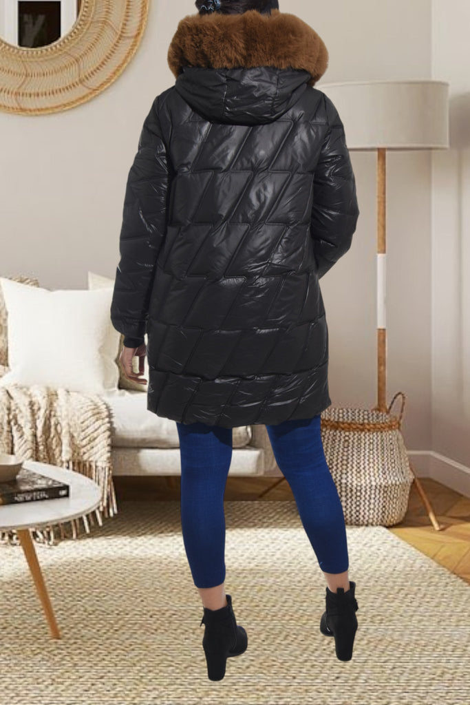 Ladies Long Black Fur Hoody Jacket - StylePhase SA