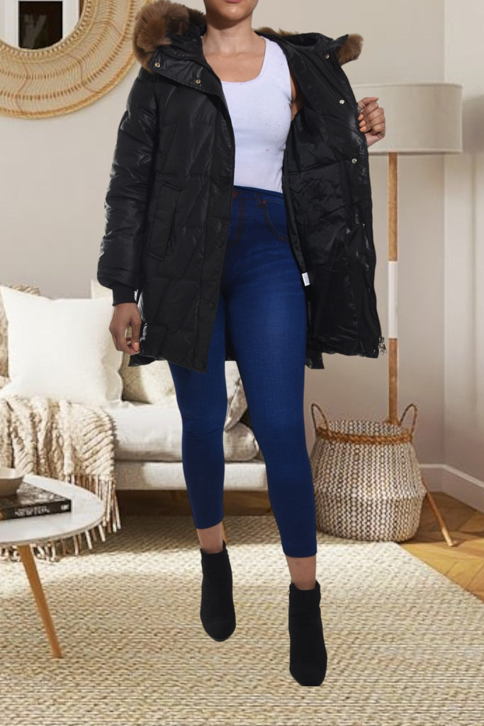 Ladies Long Black Fur Hoody Jacket - StylePhase SA
