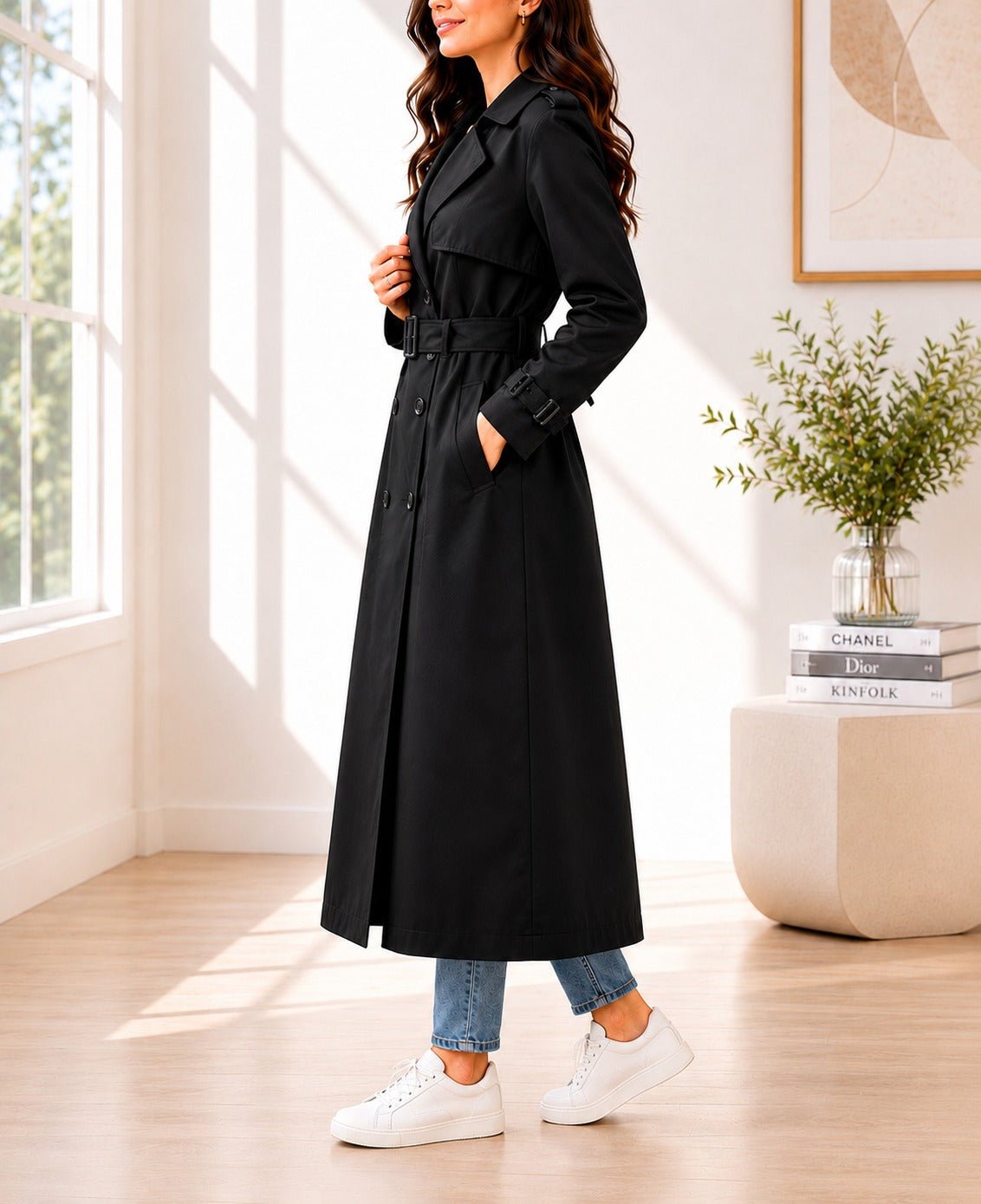 Ladies Long Black Trench Buckle Coat - StylePhase SA