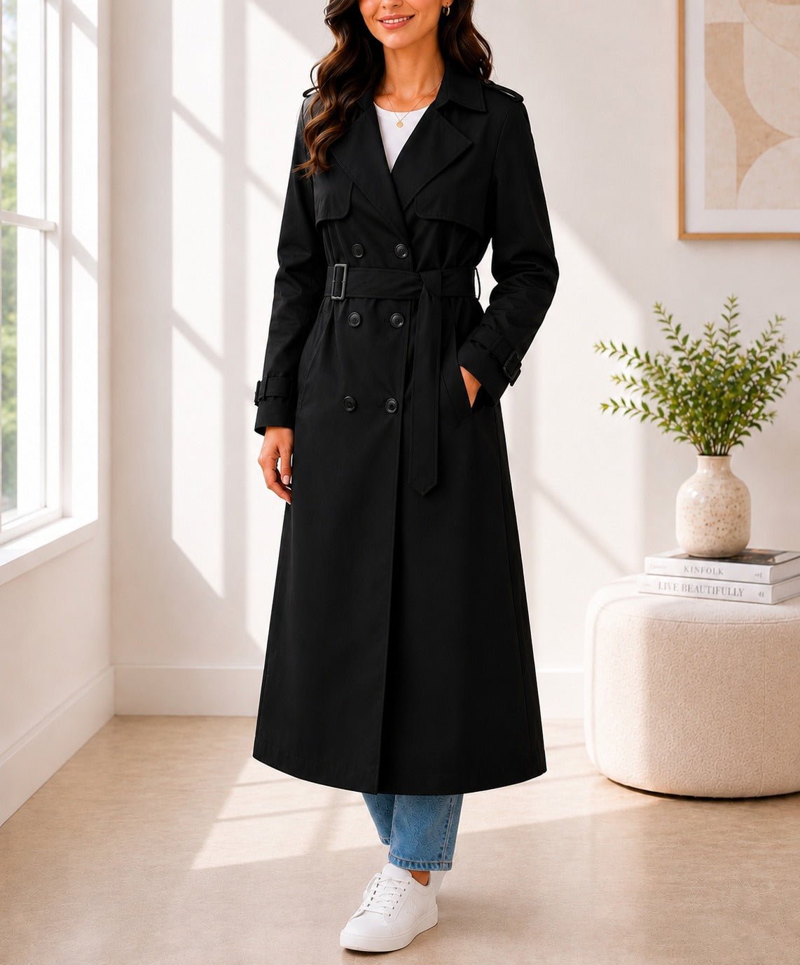 Ladies Long Black Trench Buckle Coat - StylePhase SA