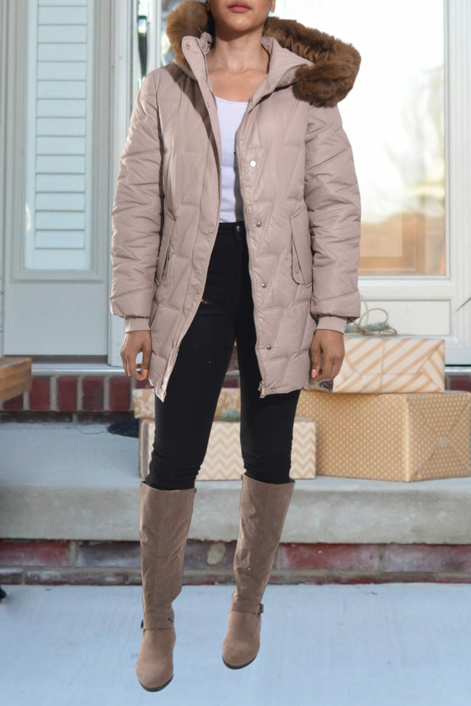 Ladies Long Cappuccino Fur Hoody Jacket - StylePhase SA