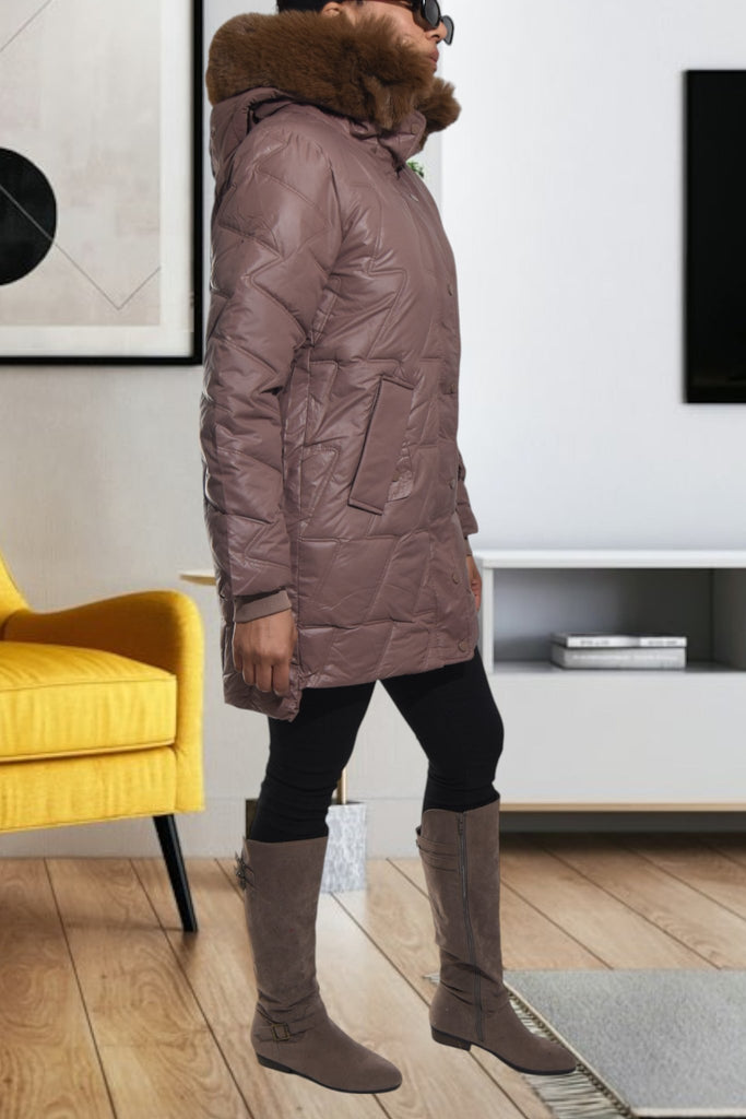 Ladies Long Chocolate Brown Fur Hoody Jacket - StylePhase SA