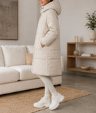 Ladies Long Cream Drawstring Hoody Lined Jacket - StylePhase SA