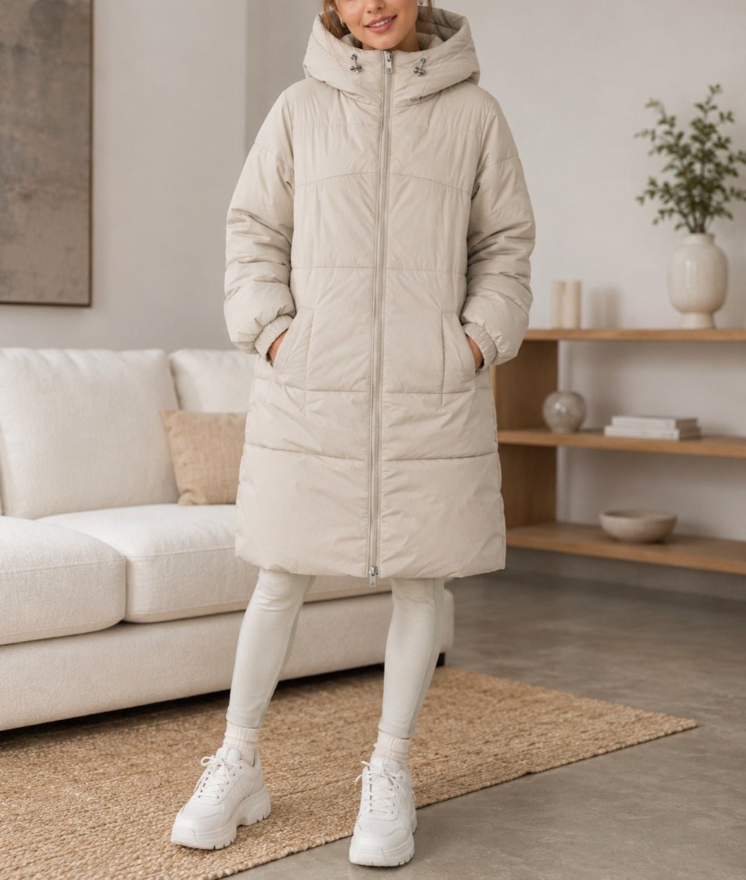 Ladies Long Cream Drawstring Hoody Lined Jacket - StylePhase SA