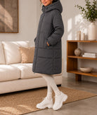 Ladies Long Grey Drawstring Hoody Lined Jacket - StylePhase SA