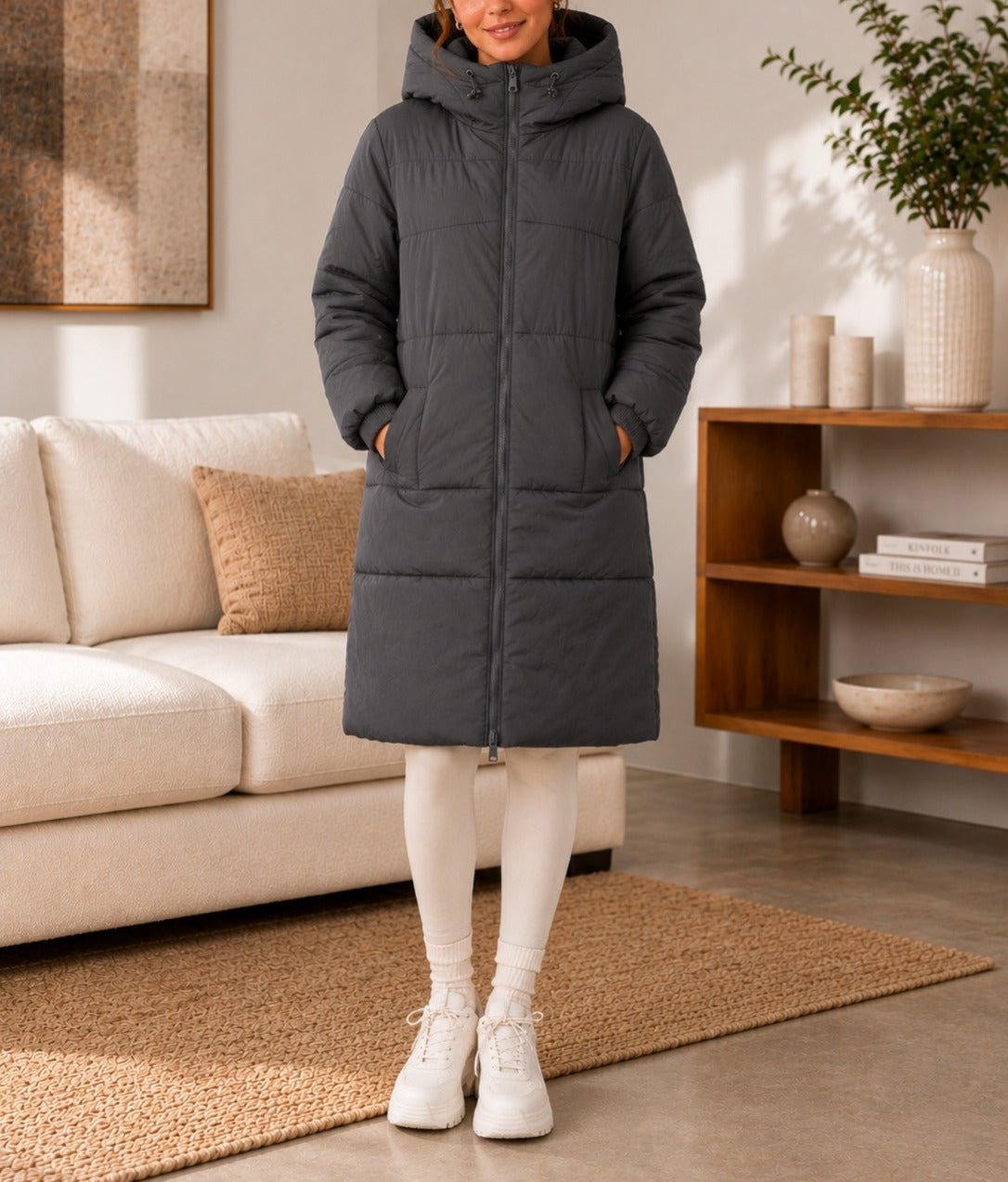 Ladies Long Grey Drawstring Hoody Lined Jacket - StylePhase SA