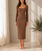 Ladies Long Sleeve New Feeling Bodycon Dress-Light Brown - StylePhase SA