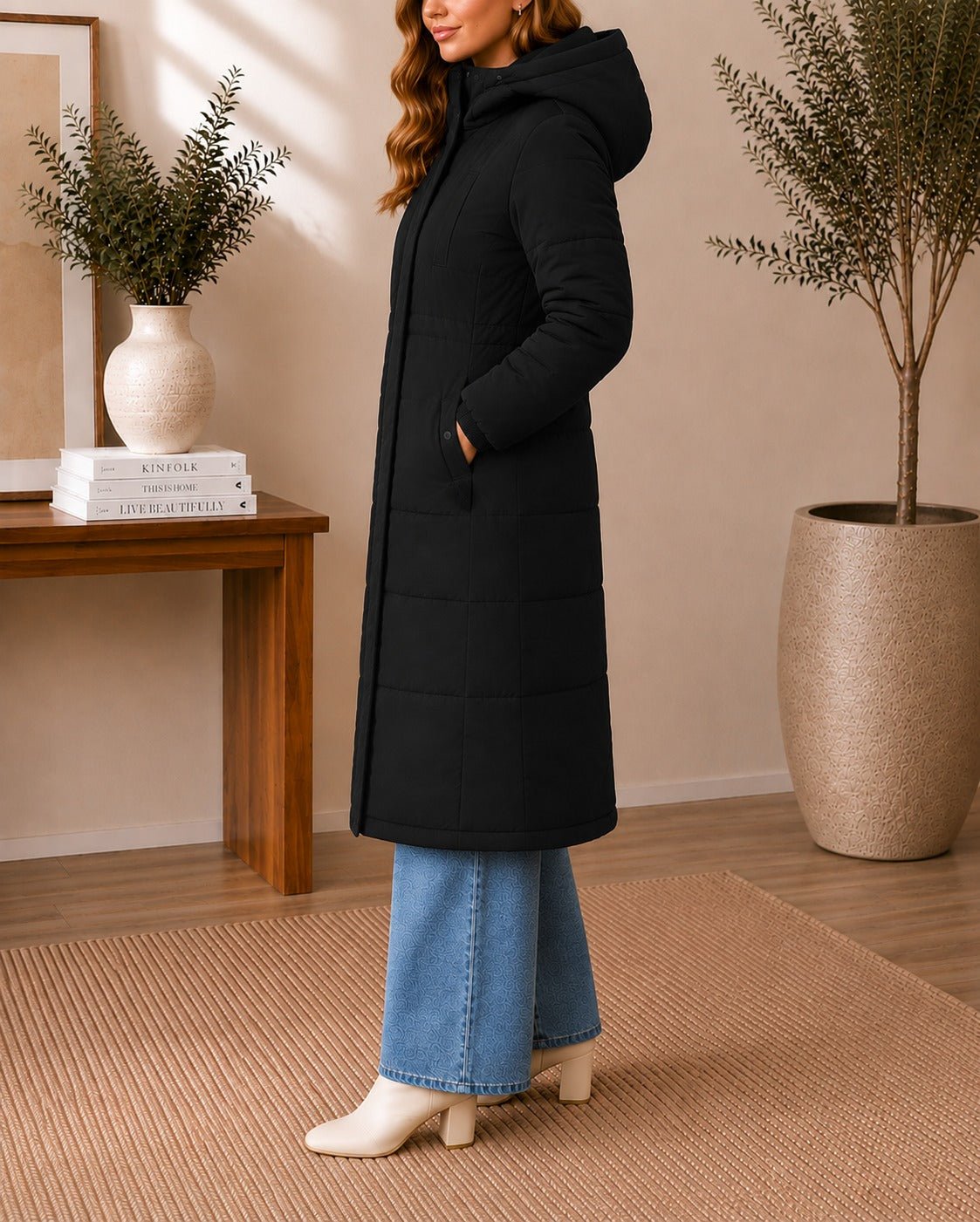 Ladies Longer Length Puff Hoody Jacket - Black - StylePhase SA