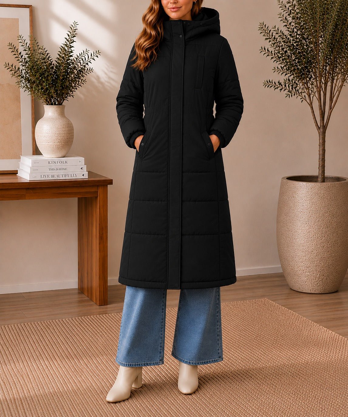 Ladies Longer Length Puff Hoody Jacket - Black - StylePhase SA