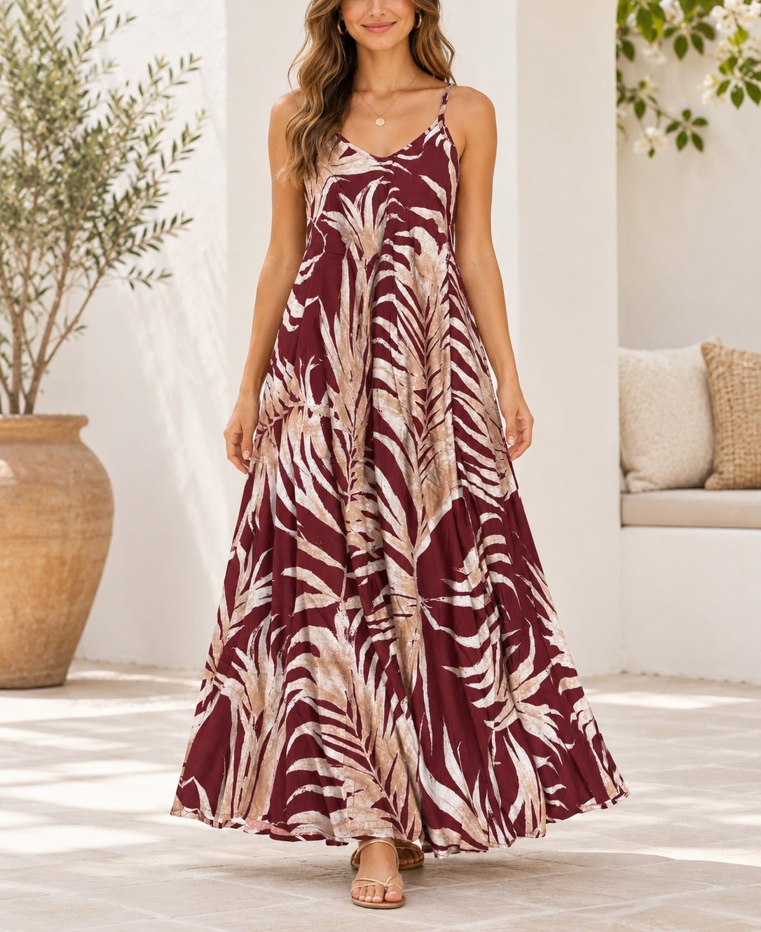 Ladies Maroon And Beige Palm Leaf Print Maxi Dress - StylePhase SA