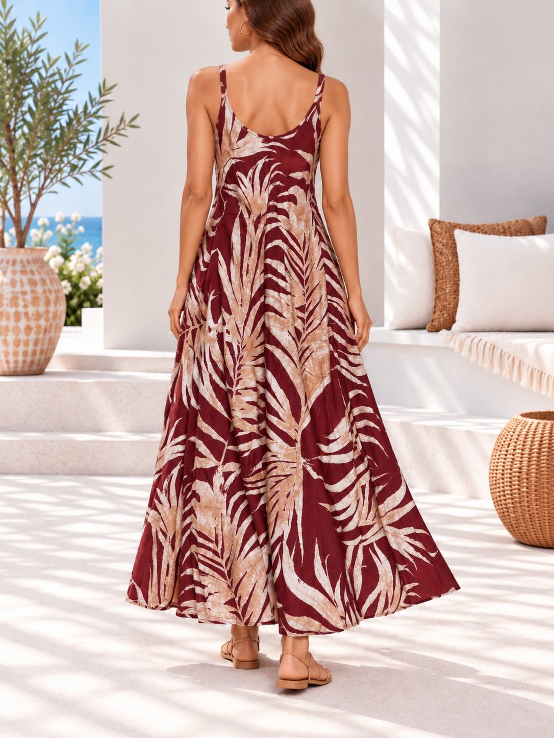 Ladies Maroon And Beige Palm Leaf Print Maxi Dress - StylePhase SA
