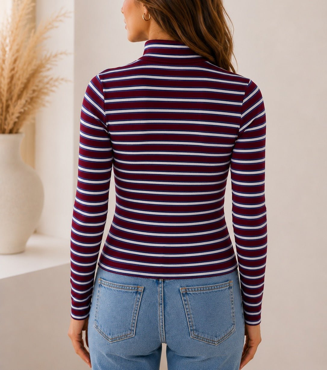 Ladies Maroon And White Rib Knit Turtleneck Top - StylePhase SA